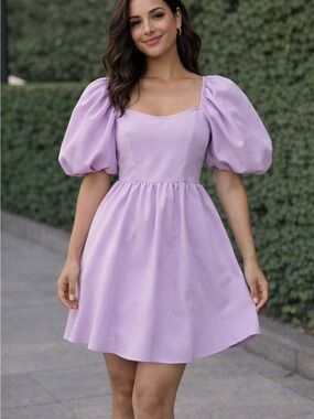 Lilac Puff-Sleeve Square Neck Mini Dress